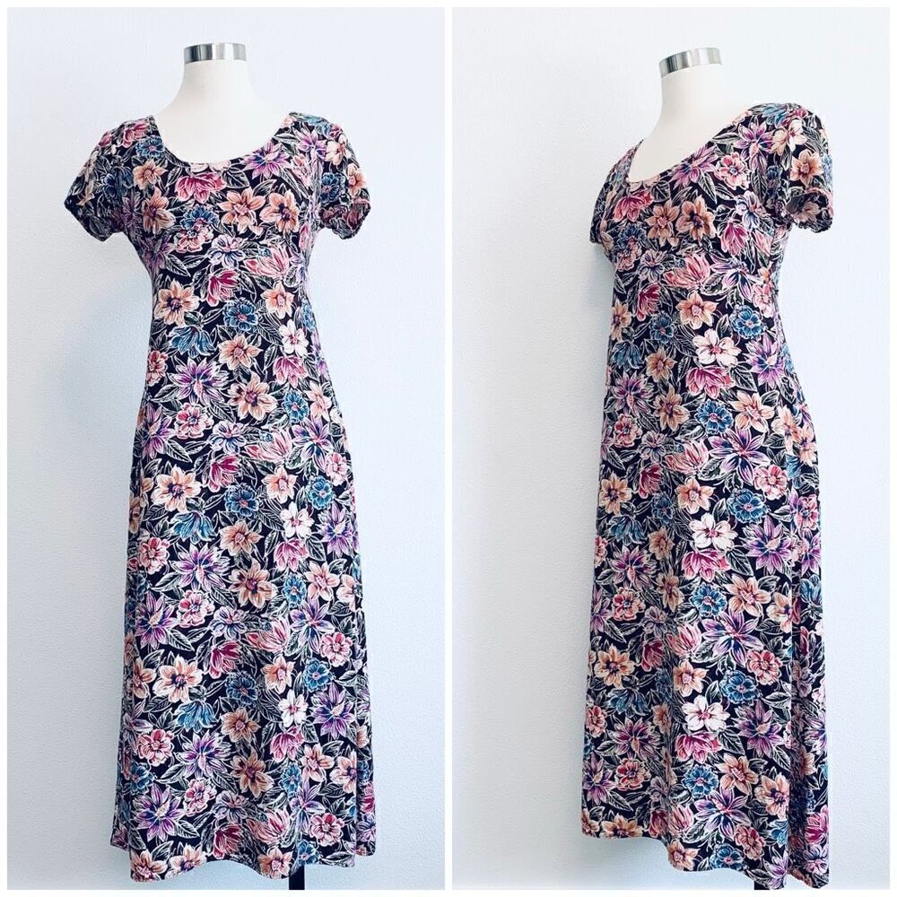 Vintage Floral Maxi Dress S Grunge Retro 90s Scoop Short Sleeve Tie
